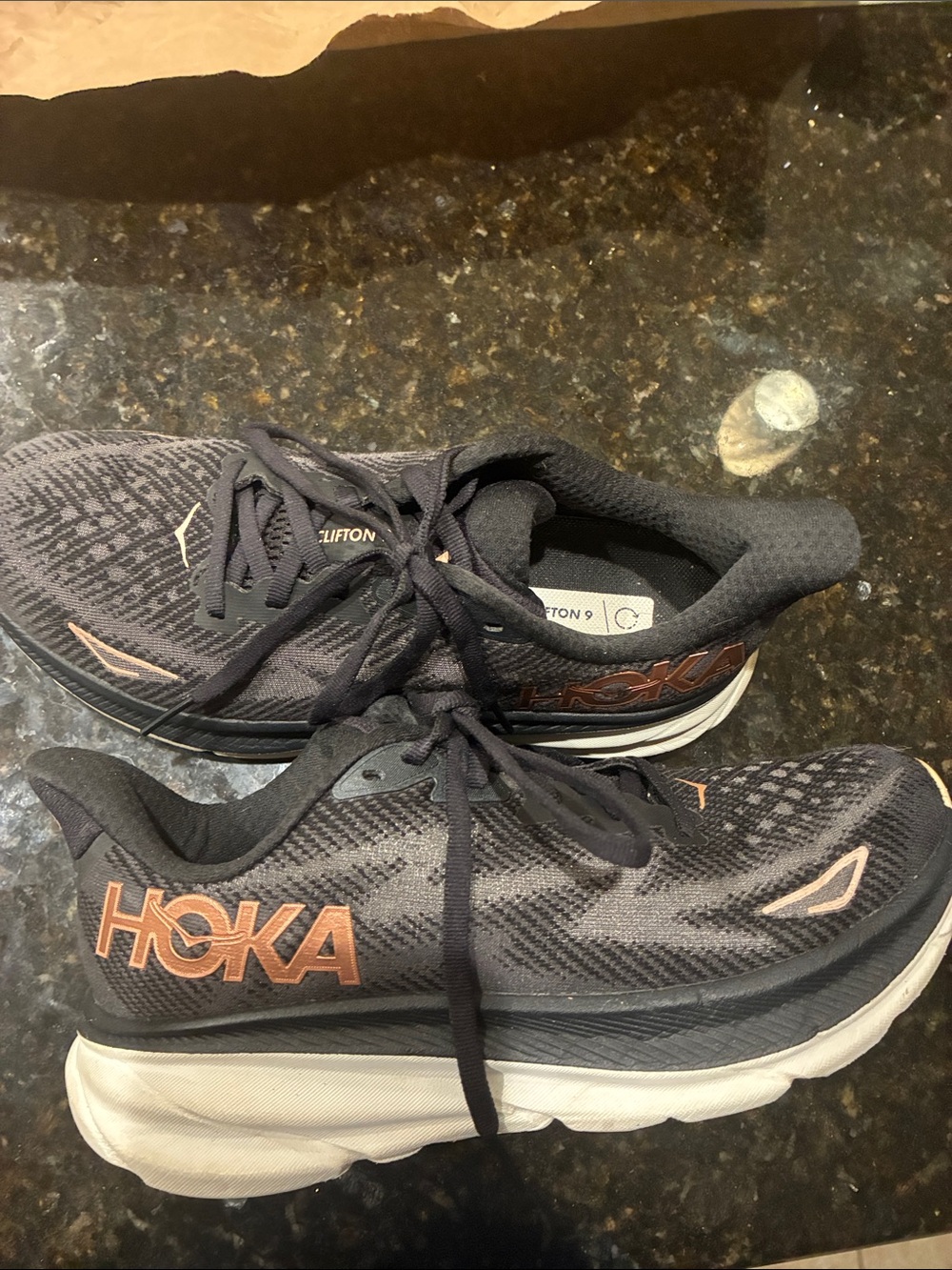 Hoka Clifton 9 Women’s Black An White Sneakers with Rose Colored Accents